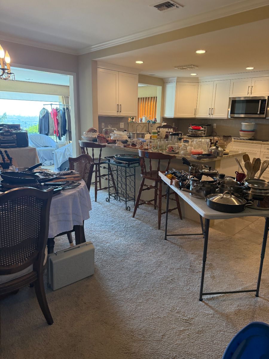 Kitchen items, dining room table set, bar stools, miscellaneous house items