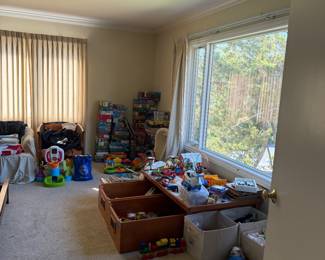 Toys, games, blocks, baby bath, vintage chair, play table and drawers, miscellaneous items 