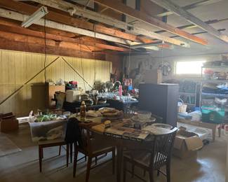 Garage- many different items, vintage WORKING appliances, mid century modern table and chairs, holiday, tools, linens, glassware, serving wear, etc. 