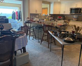 Kitchen items, dining room table set, bar stools, miscellaneous house items 