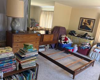 Mid century modern bedroom set, lamp, children’s clothes, books, stuffed animals (Care Bears, etc) c and miscellaneous items 