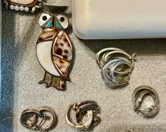 sterling hoop earrings, sterling owl brooch Native American