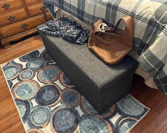 new MCM style washable rug, upholstered storage bench