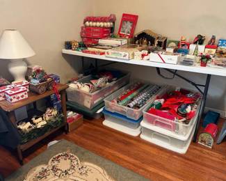 tons of vintage Christmas decor, wrapping paper, lights and ornaments