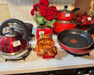 Ceramic Frog and red kitchen ware