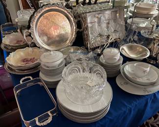 Silver platters, bowls and china