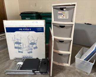 Card table and chairs, file containers