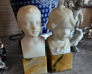 Small Boy & Girl Alabaster Bust on Marble Base by German Daniel Greiner (1872-1943)