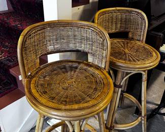 Pair of vintage bamboo & rattan bar stools, MCM 