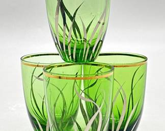 (4) Fern Green Hand Painted Glasses w/ Gold Rim