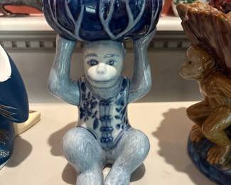 Ceramic Chinoiserie Blue & White Monkey Bowl