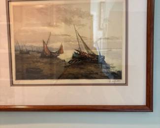 Framed aquatint etching of boats by A. Lafitte (Manuel Robbe)