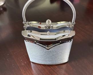 Silver Tone Hard Case Hand Bag Metal Handles and Trim