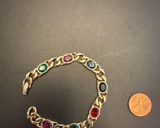 Vintage Art Deco Style Yellow Gold Tone Rhinestone Glass Stone Line Link Tennis Style Bracelet Stackable Jewelry K#83