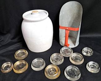 STONEWARE CROCK & METAL SCOOP GLASS FURNITURE CUPS
