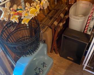 Wire Baskets and Nice Vintage Blue sink with Stands and Towel Bars