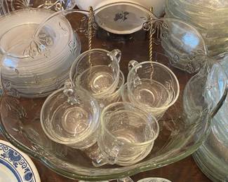 Large Glass Punchbowl and Matching Plates