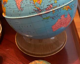 Vintage Small Tin Litho Globe and Old Tin Litho Globe Pencil Sharpener