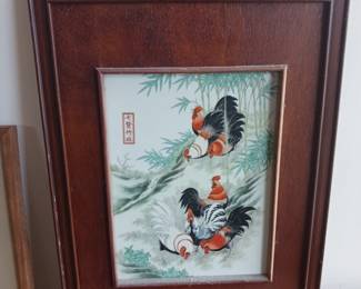 Oriental watercolor of roosters