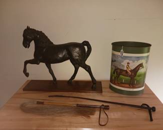 Many equestrian items including this bronze horse sculpture trash can and riding crops