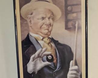 WC Fields, pool stick and eight ball, framed