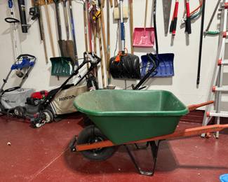 Wheelbarrow, Honda Self-propelled Lawnmower, Kobalt Battery operated lawn mower, Toro Snowblower, ladder, yard tools