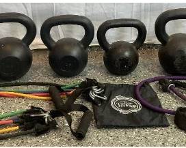 Hampton Kettle Bell Set, Titan Fitness Balls 10 lb & 20lb, and Tribe Fitness Resistance Bands