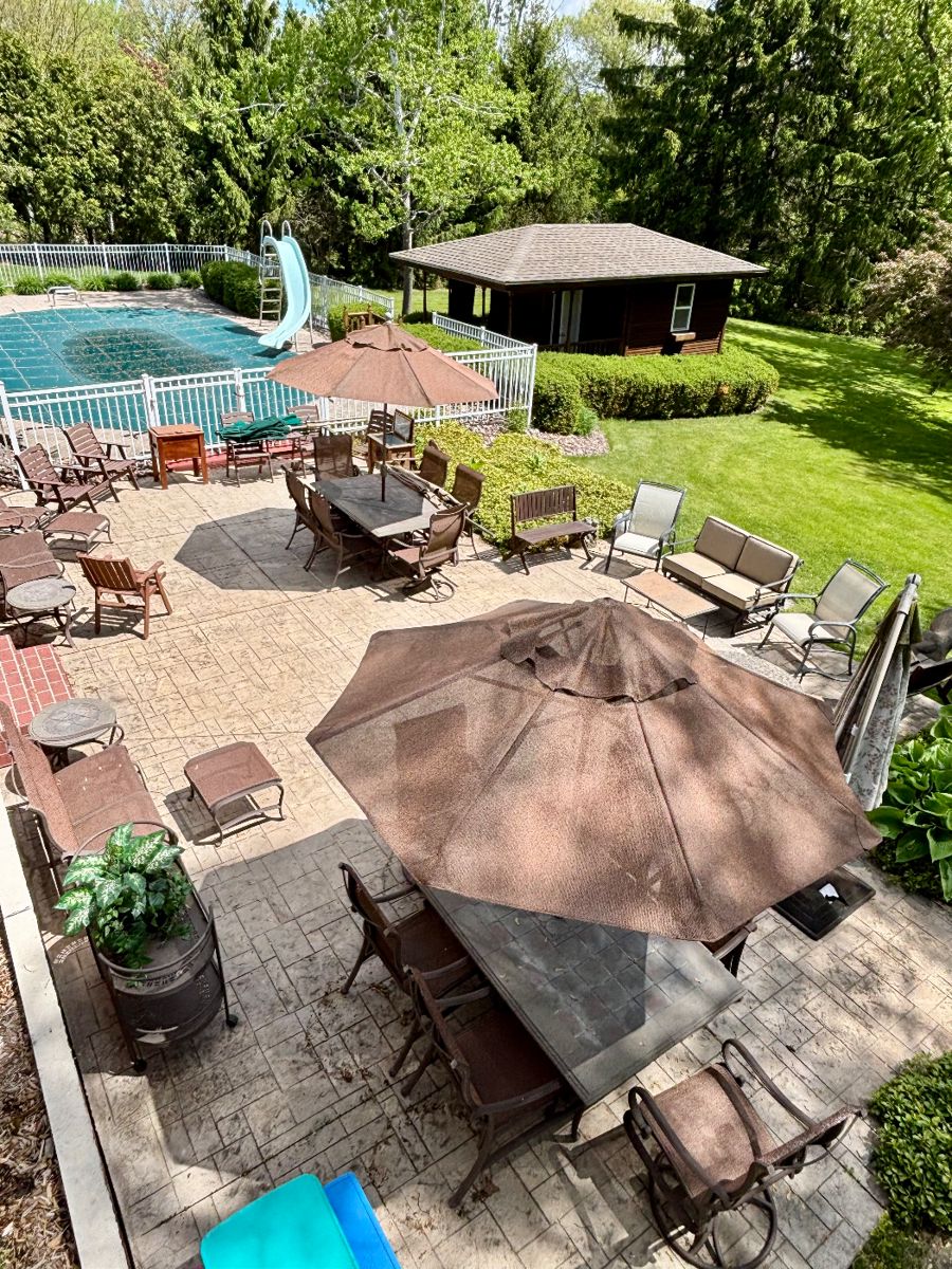 Plenty of outdoor furniture from a Amish made composite bistro set to dining tables with six chairs.
