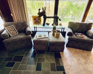 Pair of Ethan Allen chairs and matching ottomans.  Glass and metal console table