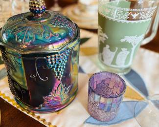 Vintage Iridescent Indiana Carnival glass and Jeanette Jasperware pitcher