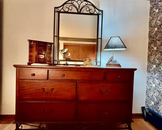 Dresser, mirror, bed frame, headboard, nightstand and Tv chest