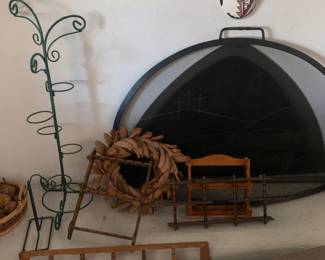 Ceramic southwest working clock, misc spoon rack, metal display stand wooden bowls, misc shelves