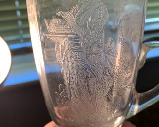 Vintage Japanese etched glass lemonade pitcher and 6 glasses