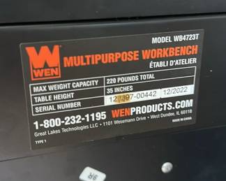D48 - $80. WEN Multi Purpose Workbench. Model WB4723T. Has been used inside in a workroom for 3D printing equipment. Measures 47.5" wide x 2' deep 62.5" tall. 