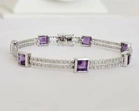 14K White Gold with Amethyst & Diamond Stones Bracelet 