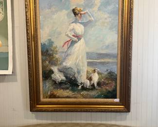 Oil Painting on Canvas Victorian Girl in Flowing Dress with Collie Dog -Signed L. Sharon 30" high x 39"wide