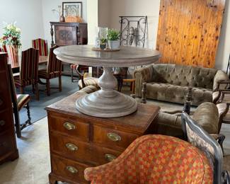 Upholstered Chair    Antique Mahogany Bail Handle 4 drawer round coffee table modern