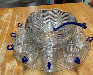 Beautiful Duncan & Miller Art Deco Caribbean Punch Bowl set with 12 cups, Ladle, tray and bowl.  