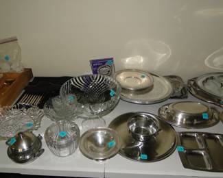 Cut glass and other metal and stainless steel serving pieces