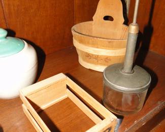 Vintage wooden storage items, and some glass chopper thingy
