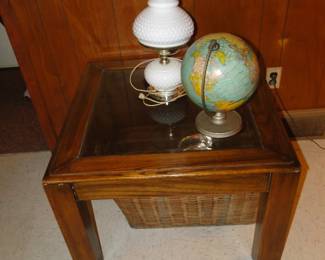 Table, and globe and lamp and basket