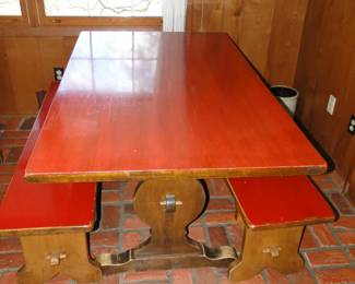 Solid as can be. Table and benches. We have a pair, and rumor has it that one is about an inch shorter than the other one. Both in remarkable condition, with plenty of love around them for years