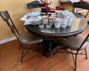 metal and wood table and chairs
