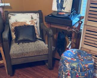 Record player, footstool, records