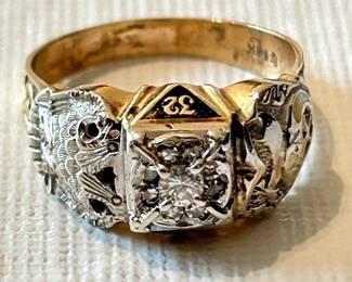 Masonic Mens Ring, 14k Gold, 9 Diamonds, 32 Degree Mason, Scottish Rite