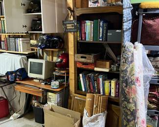 Books; vintage manuals; vintage computers; bookshelves; fabric - indoor, outdoor, and vintage
