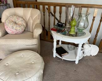 Comfy swivel chair and ottoman.  Cute side table.