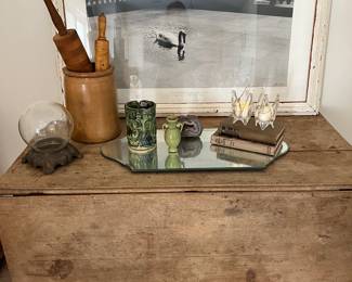 Great primitive table, crock, rolling pins, art glass and fun art work.