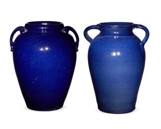 232
20th century
Two cobalt glazed pottery oil jars
Larger incised to underside: 139 [symbol]
Each jar with cobalt blue glaze and lug handles, one jar with tilted handles, 2 pieces
Larger: 18" H x 14.5" W x 13.5" D; Smaller: 16.5" H x 12.25" W x 10.75" D
Estimate: $300 - $500