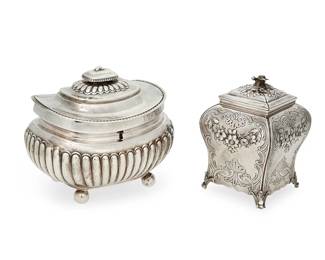 166
18th/19th century
Two George III sterling silver tea caddies
Each marked for sterling and for London; gadrooned date marked for 1811, repoussé for 1768; gadrooned with illegible maker's mark; repoussé with maker's mark: ER [Emick Romer]
Comprising one caddy with gadrooned body and hinged lid with locking mechanism raised on ball feet, and a lidded box with chased and repoussé scrolled and floral motifs raised on foliate-form feet, 2 pieces
Gadrooned: 5.25" H x 6" W x 4.625" D; Repoussé: 5.125" H x 3.5" W x 3.5" D
21.6 oz. troy approximately
Estimate: $500 - $700